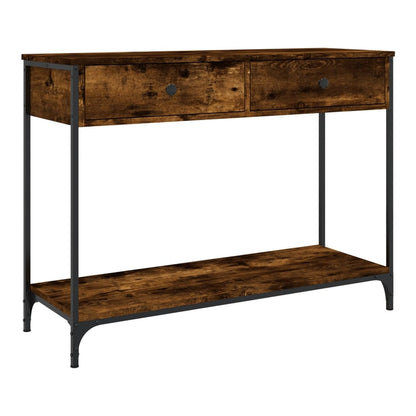 The console table has a smoked oak effect top and shelf with black metal legs