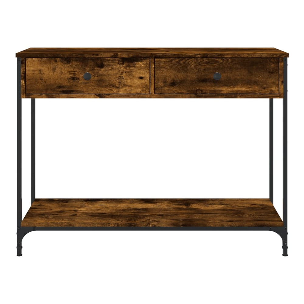 The console table has a smoked oak effect finish and black metal frame