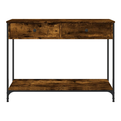 The console table has a smoked oak effect finish and black metal frame