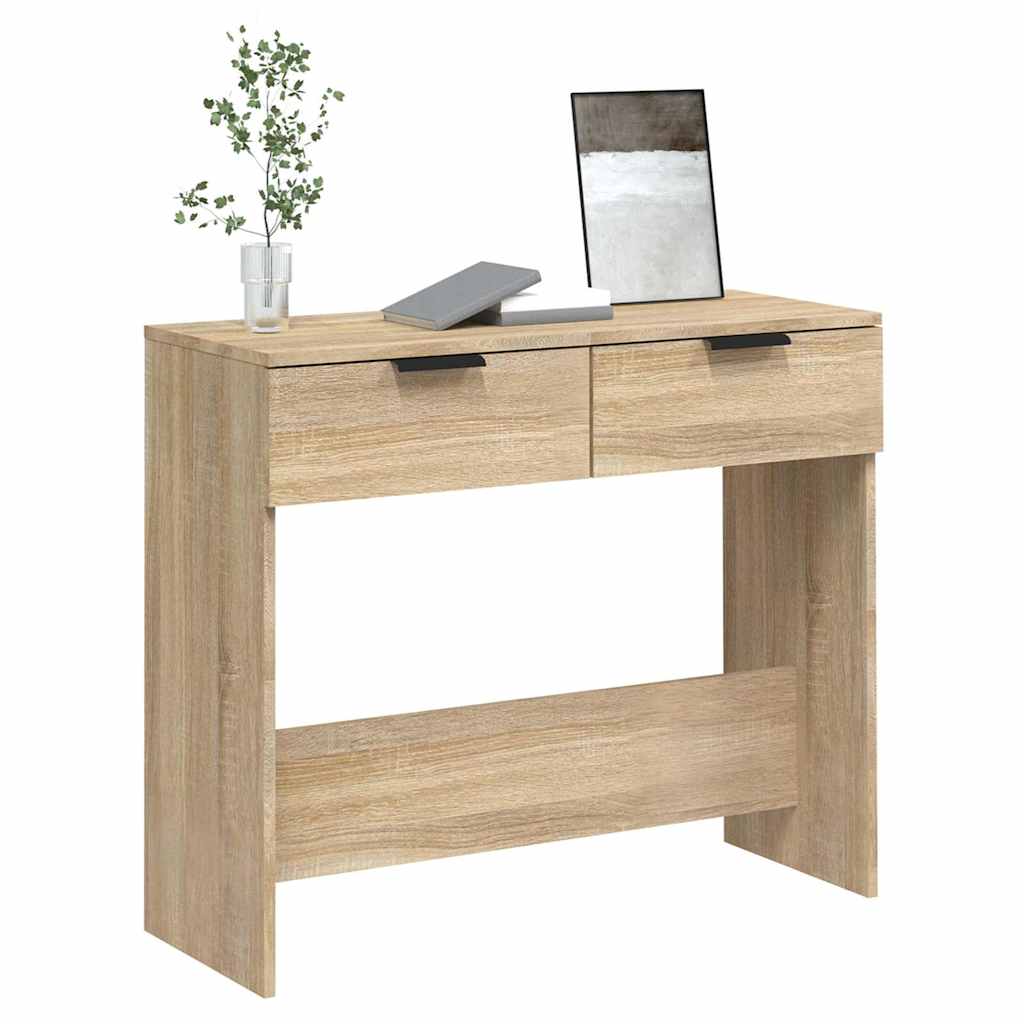 The end table viewed from a slight angle with decor on top against a white wall
