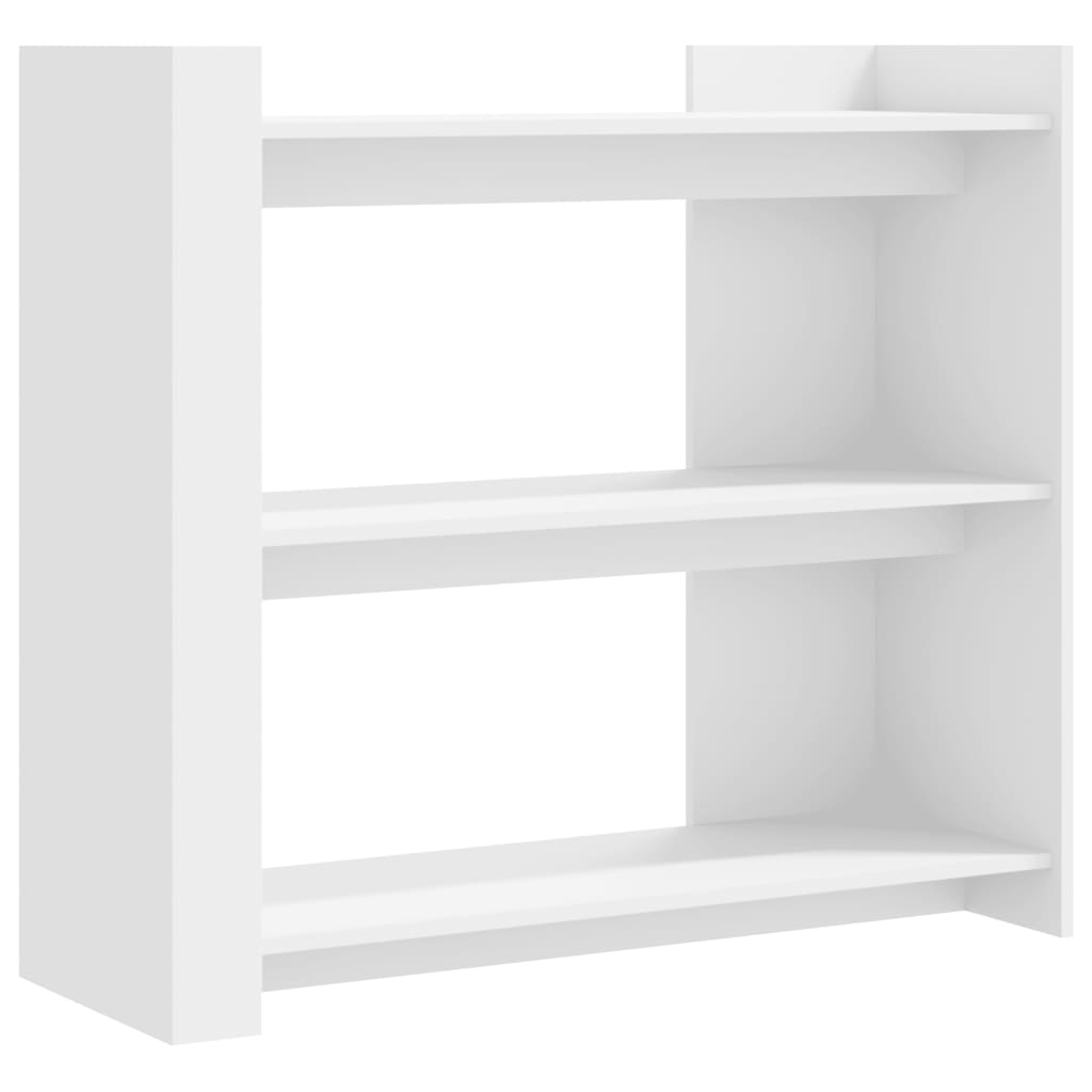 The end table showing the three open shelves against a plain background