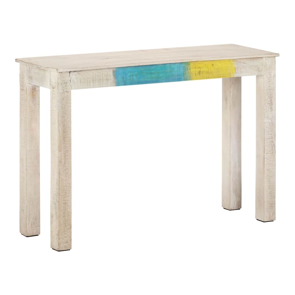 The white console table with painted accents is shown from a slight angle
