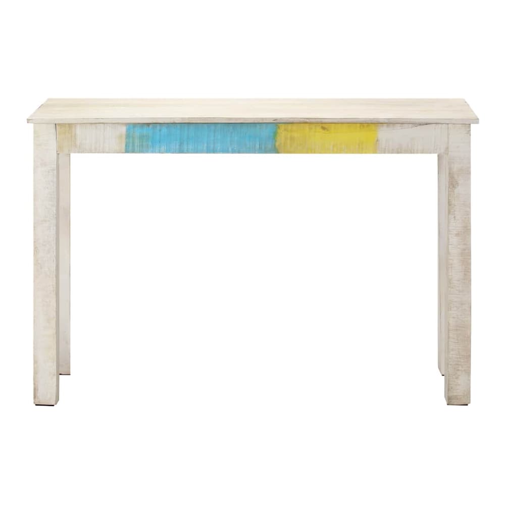 The narrow console table has a white painted finish with blue and yellow accents on the top