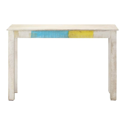 The narrow console table has a white painted finish with blue and yellow accents on the top