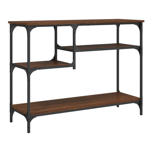 the console table showing the brown oak shelves and black metal frame from a side angle