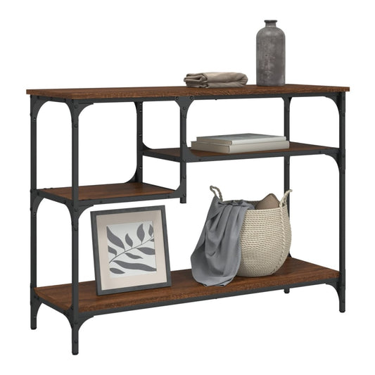 vidaXL Console Table with Shelves Brown Oak styled with books, a basket and a decorative vase