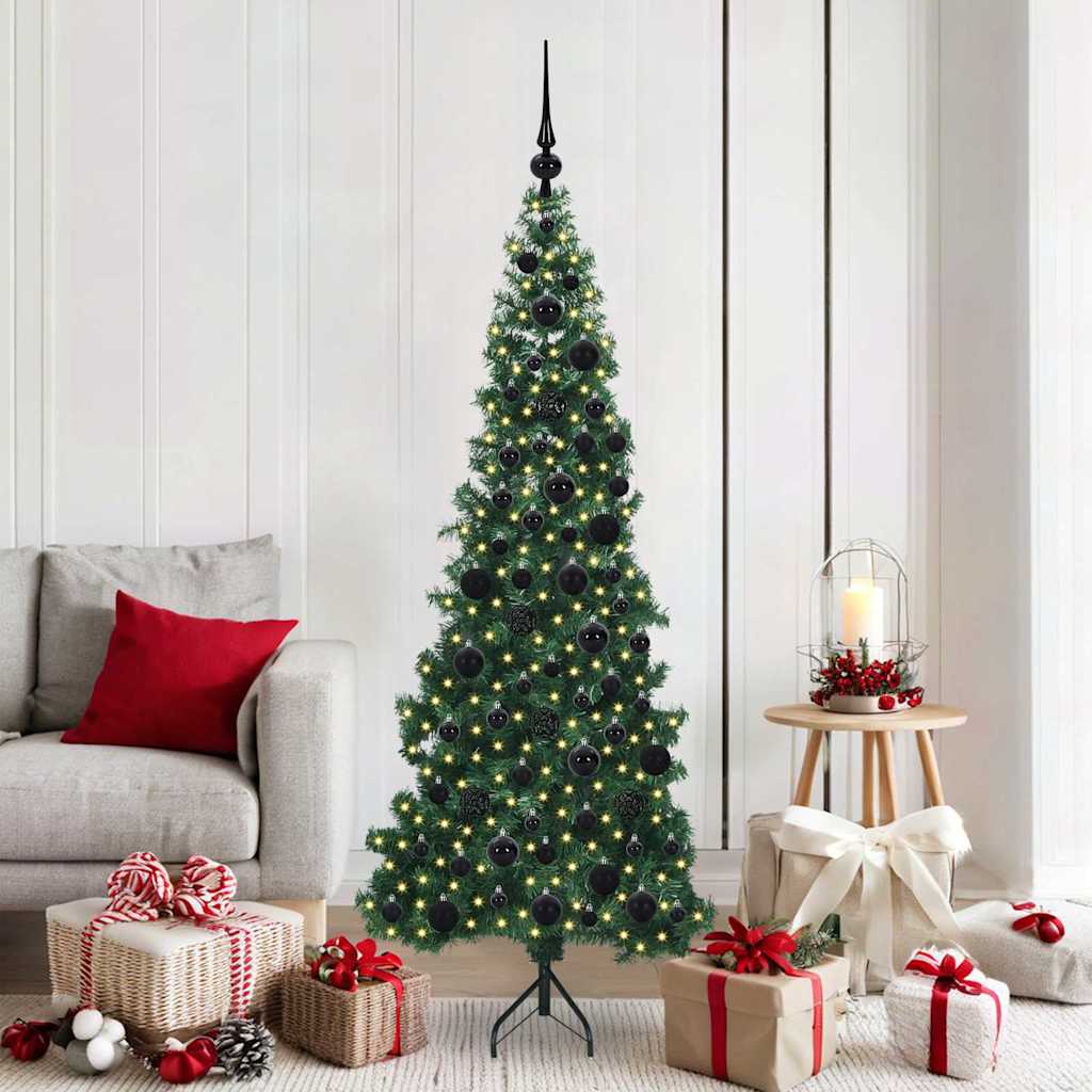 Corner Artificial Christmas Tree Green 180 cm PVC and Metal Width 180 cm with 300 LEDs & black balls