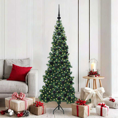 Corner Artificial Christmas Tree Green 180 cm PVC and Metal Width 180 cm with 300 LEDs & black balls