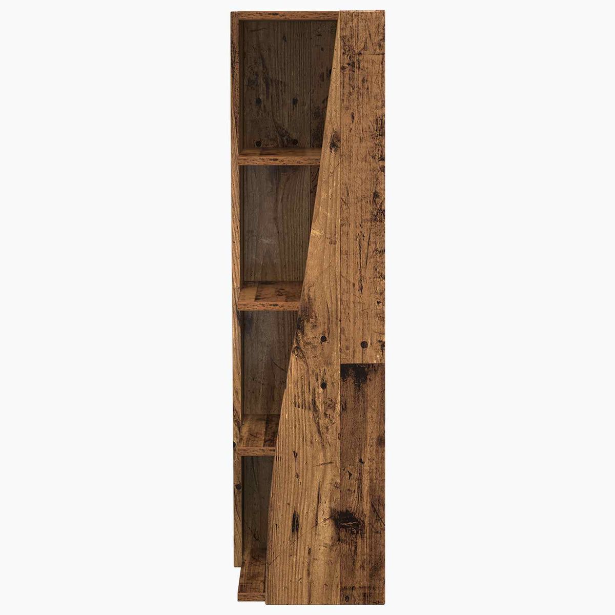 The corner storage cabinet viewed from the left side showing the angled front panel