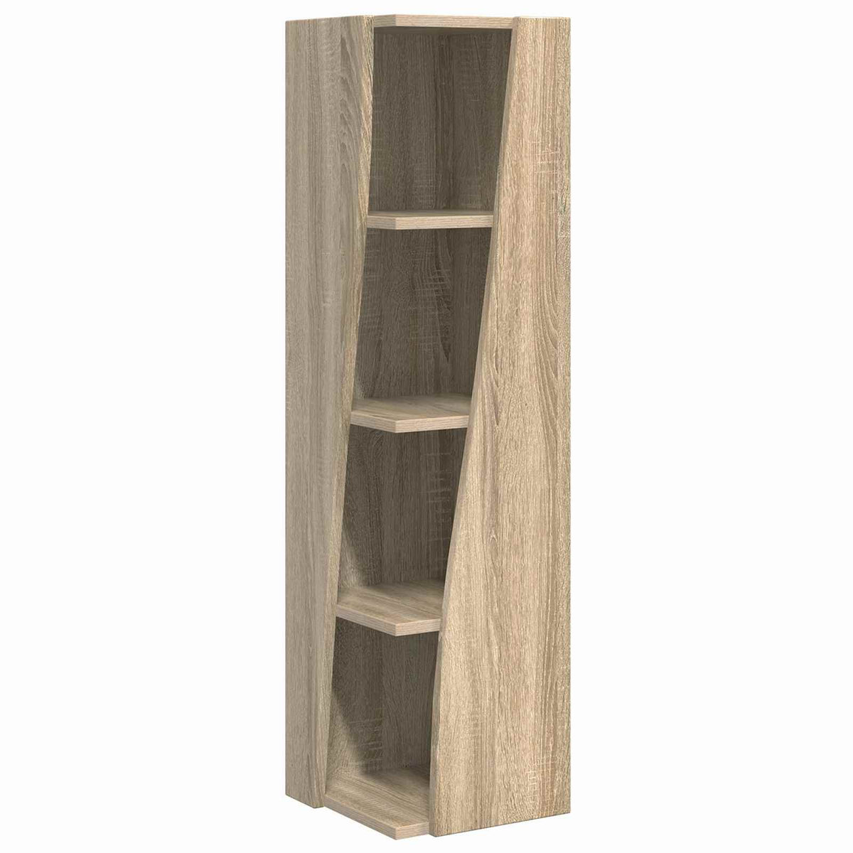 The corner cabinet has four shelves and a light wood grain finish