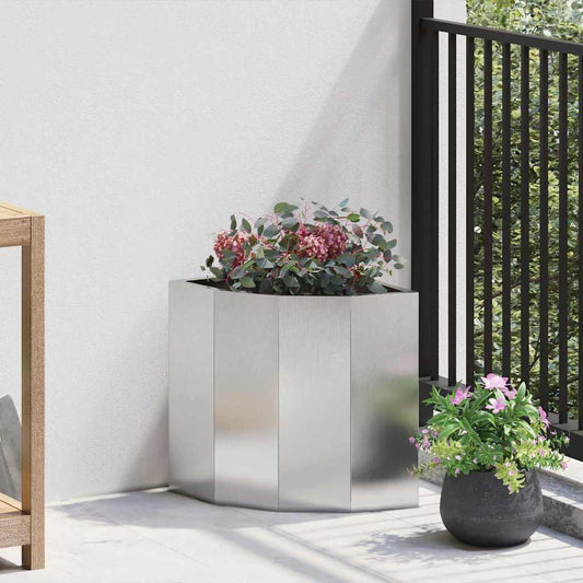 vidaXL Corner Planter Silver Stainless steel with plants in a garden setting