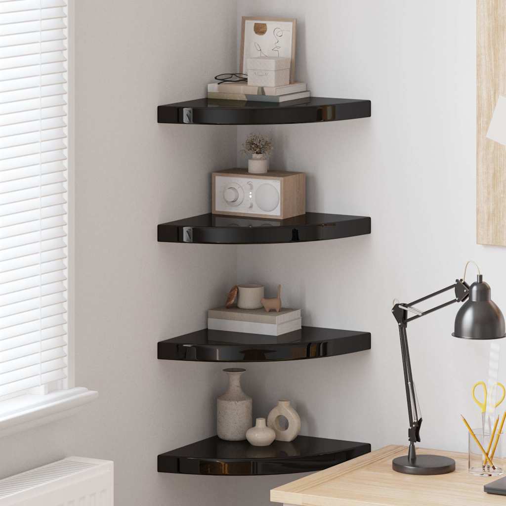 Floating Corner Shelves 4 pcs High Gloss Black MDF displayed on a wall