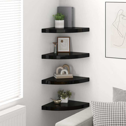 The corner shelves in a living room setting