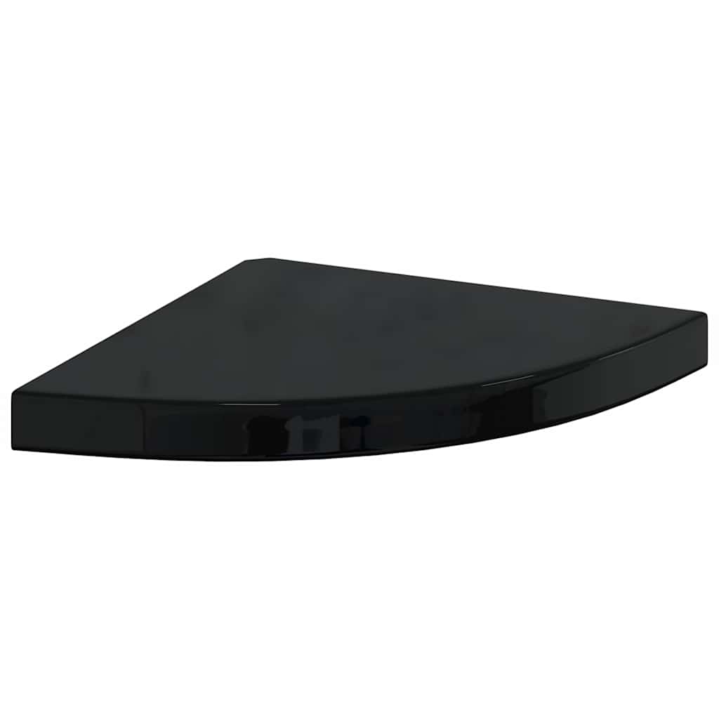 A single black corner shelf shown from the front