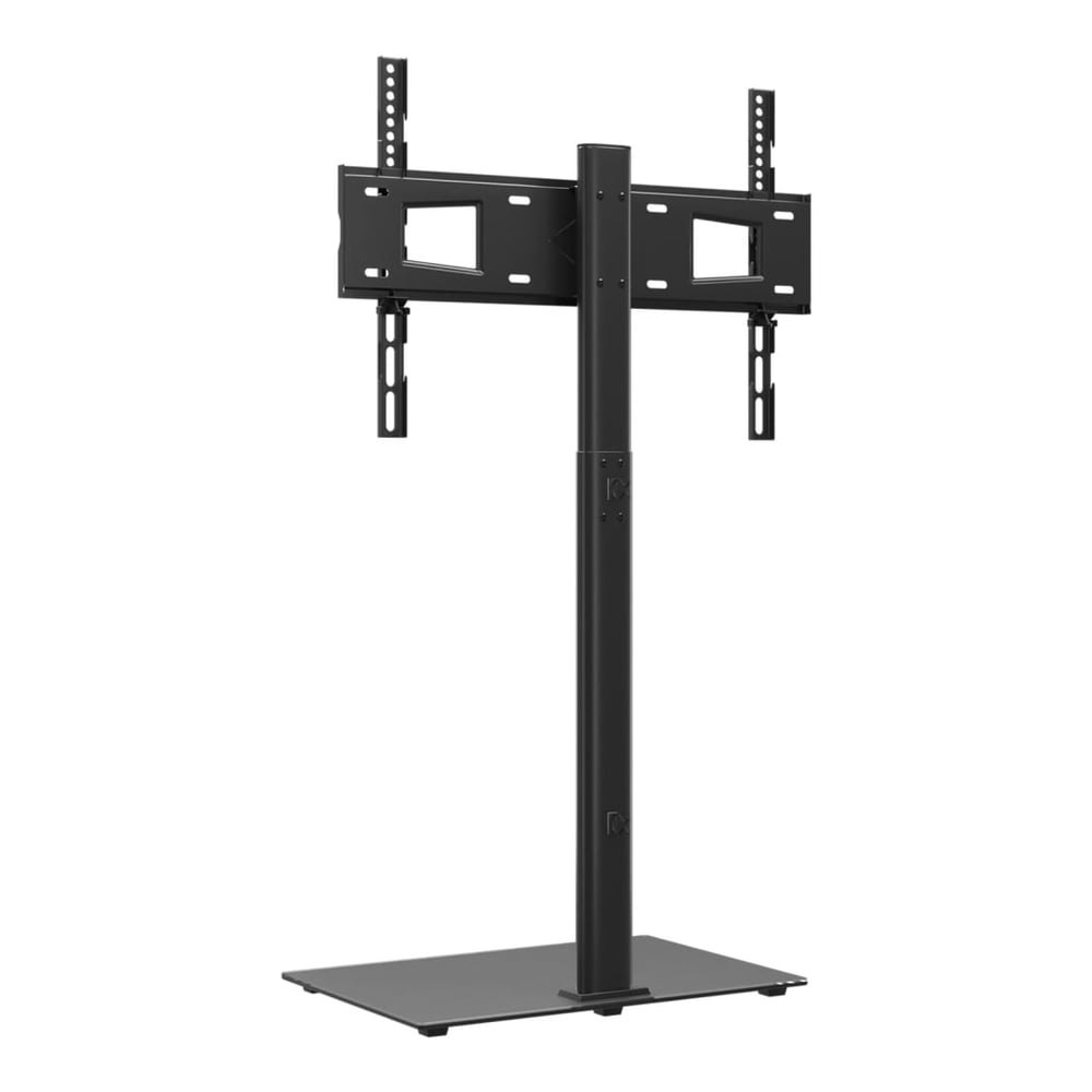 The black TV stand from a slightly angled front perspective, showing its base and pole