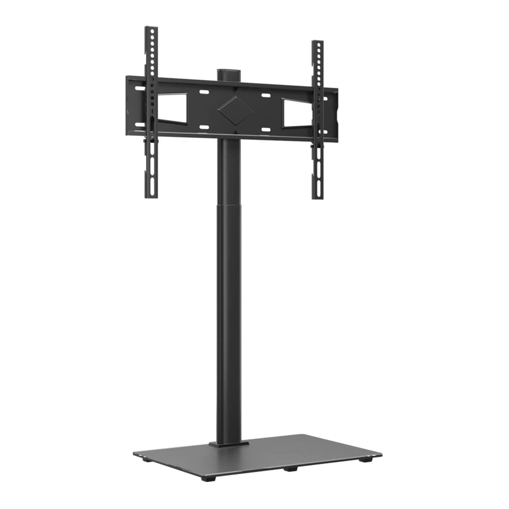 Black metal TV stand with a flat base and adjustable mounting brackets
