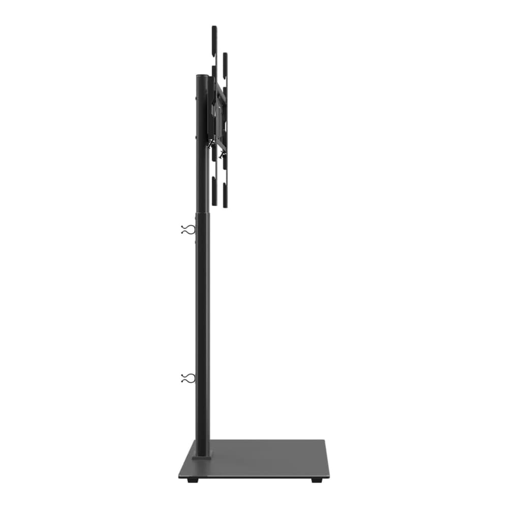 Side profile of the black TV stand showing its slim design and pole structure
