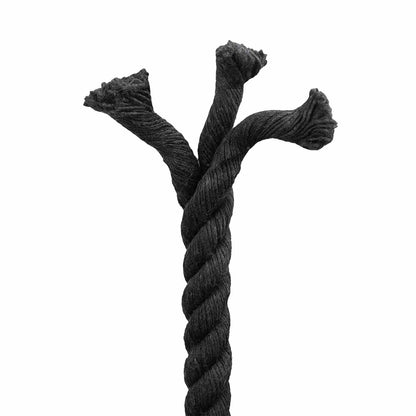 the end of the black cotton rope showing the twisted strands fraying slightly