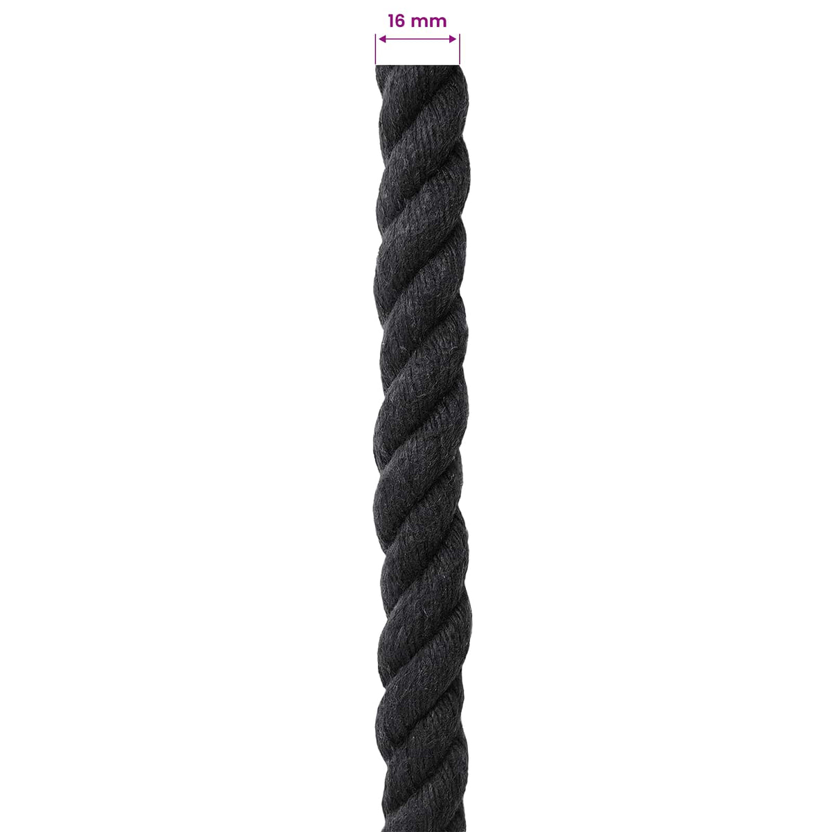 a close-up of the black cotton rope with a graphic showing its thickness