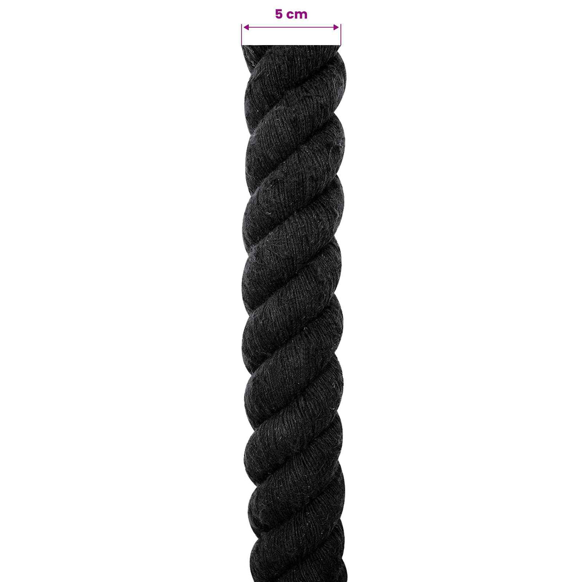 A close-up of black cotton rope with a 5cm measurement indicator