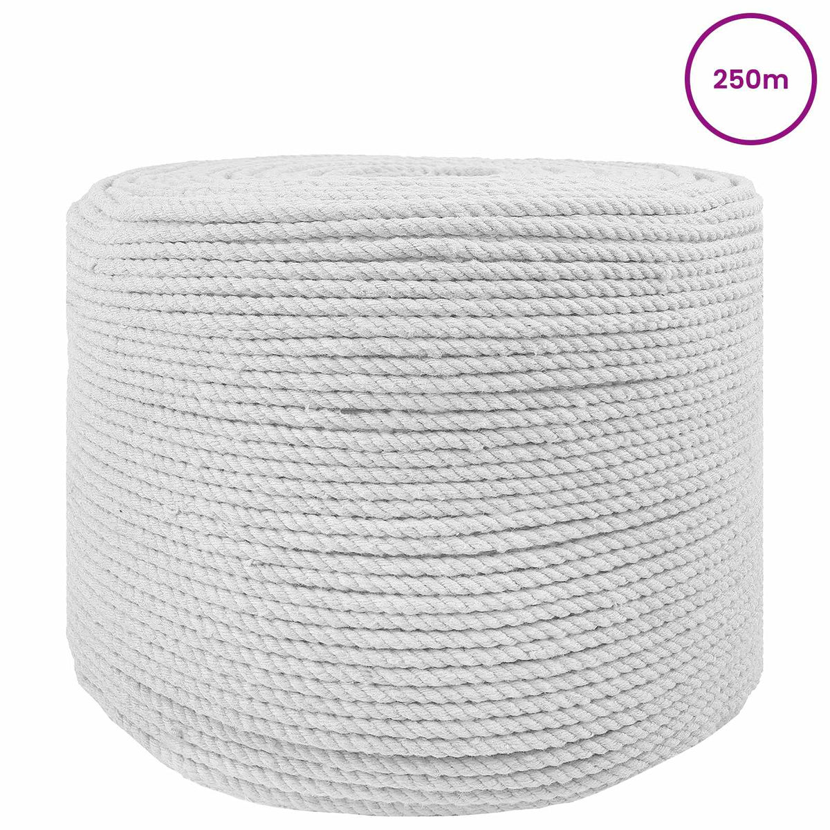 The white cotton rope is wound into a large coil with a 250m label