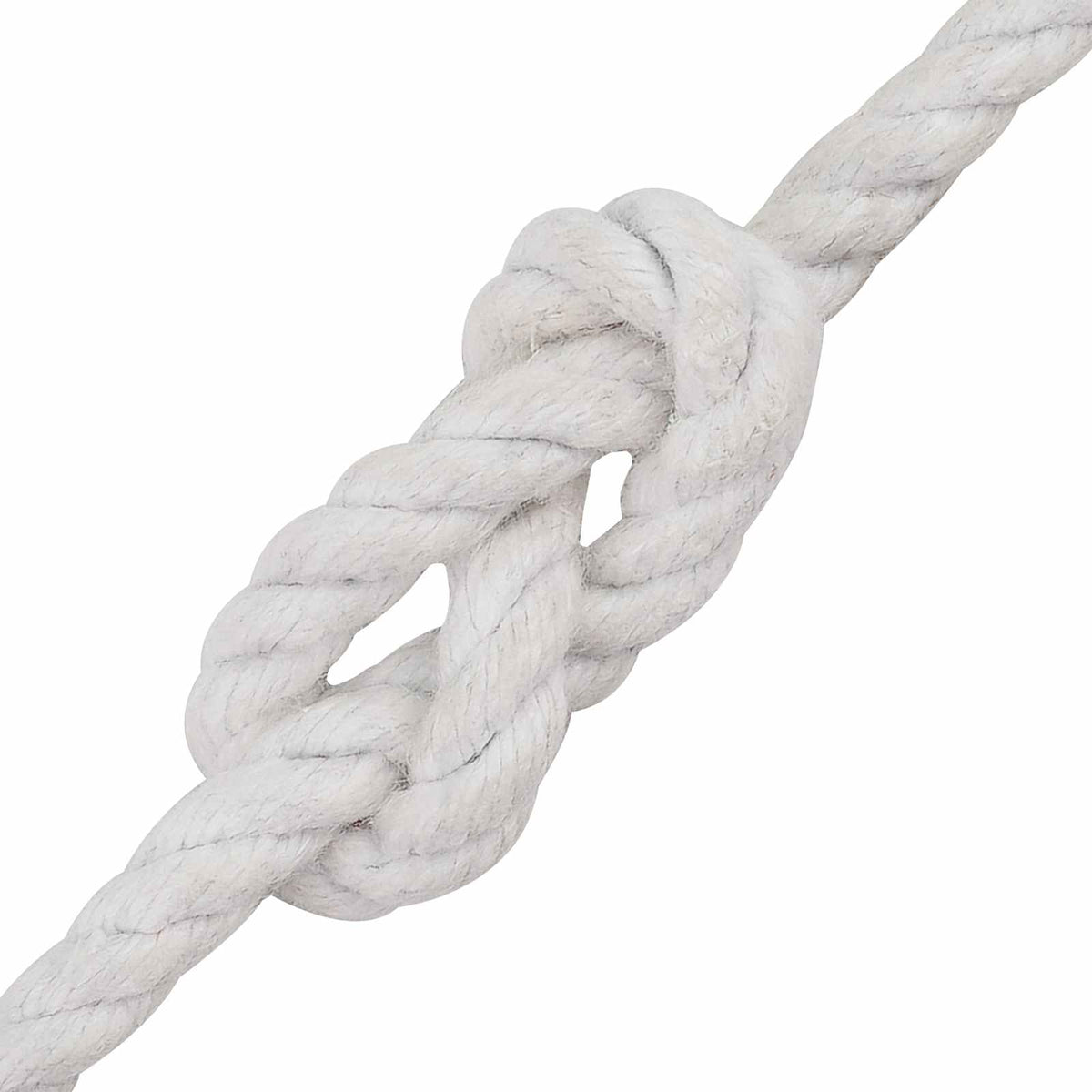 A close-up of a knot tied in the thick white cotton rope