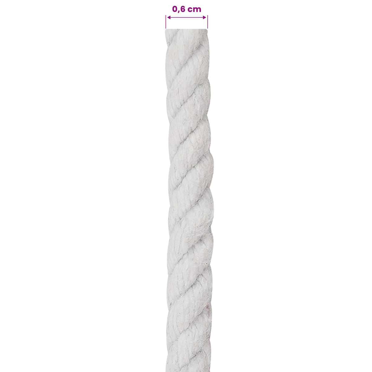 The white cotton rope is shown with a measurement of its thickness