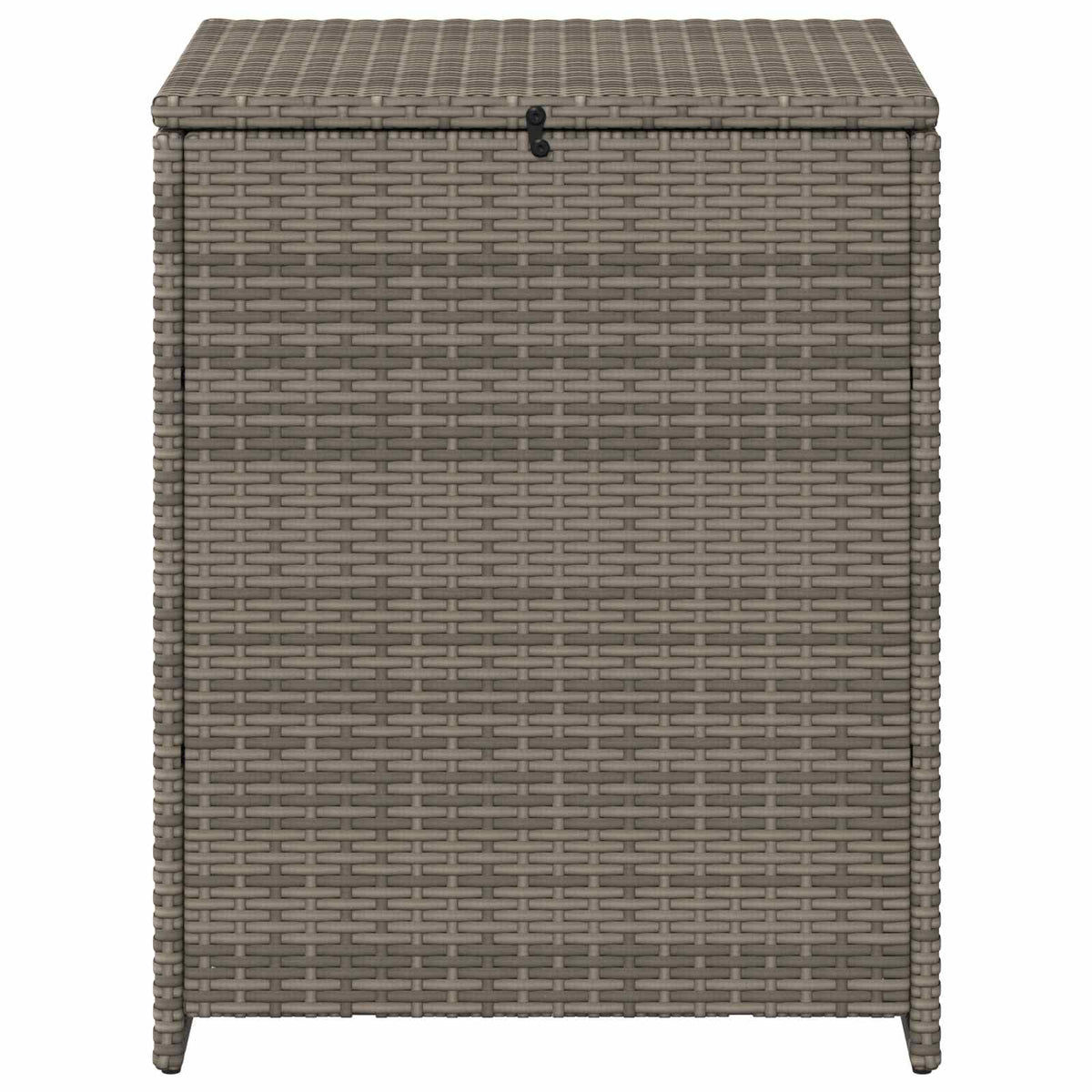 Cushion Box, front view of the closed grey rattan effect outdoor storage box