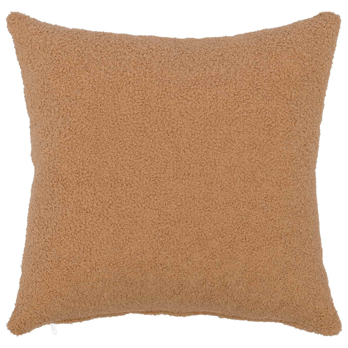 The beige cushion cover, a close-up of the bouclé fabric texture