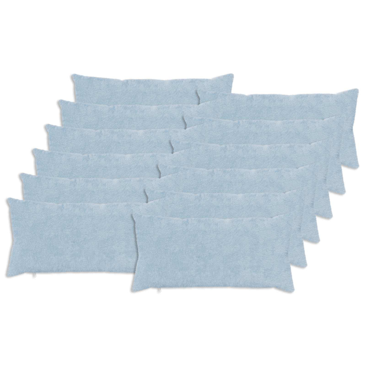 A pack of twelve light blue cushion covers arranged neatly
