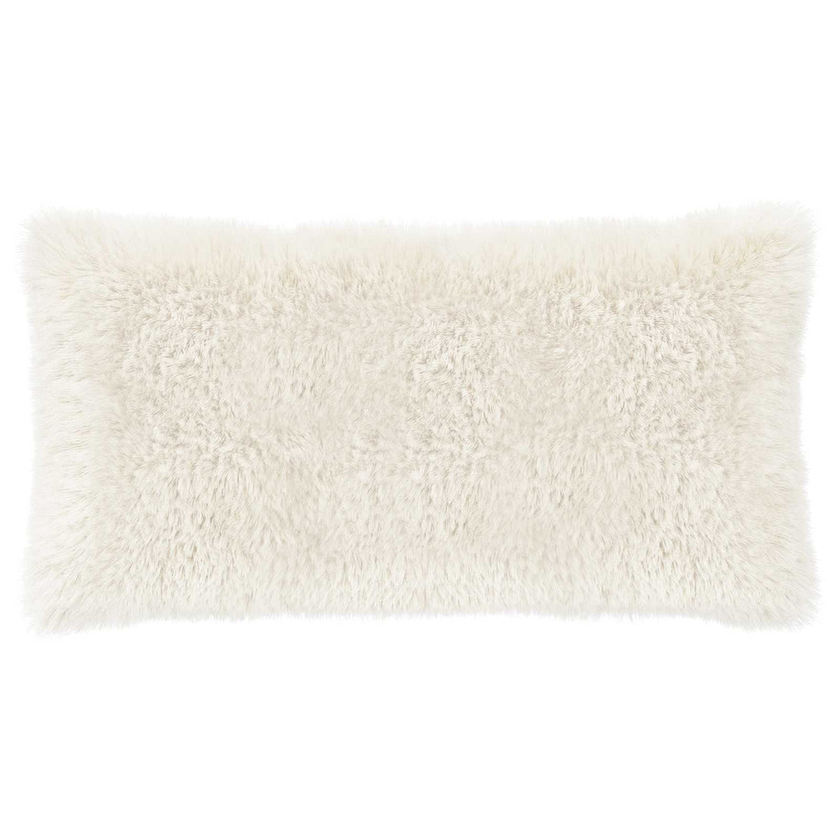 A single white fluffy cushion cover on a plain background
