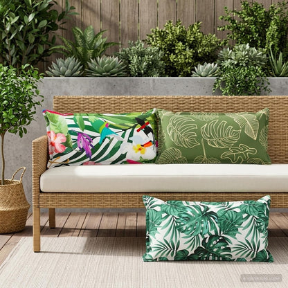 Three leaf pattern cushion covers on an outdoor sofa with plants