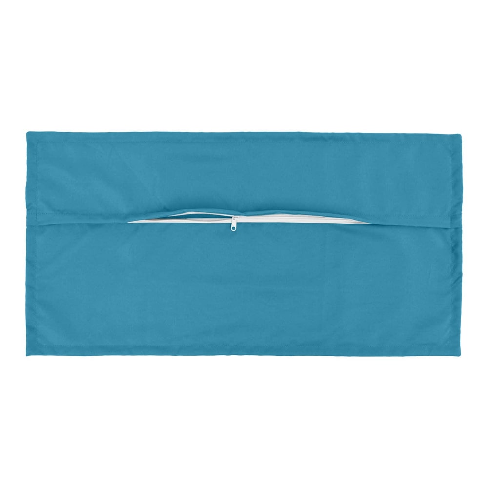 The back of a light blue cushion cover showing a zip fastener