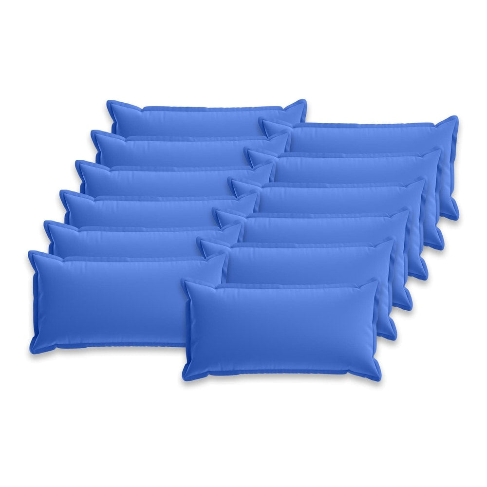 A set of twelve royal blue rectangular pillowcases arranged neatly