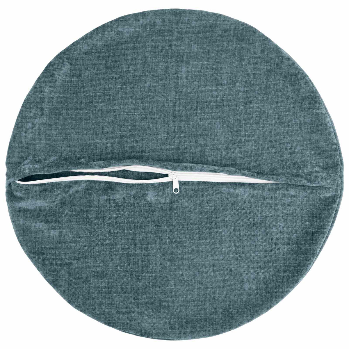 The round blue cushion cover viewed from the reverse side showing the central zip opening