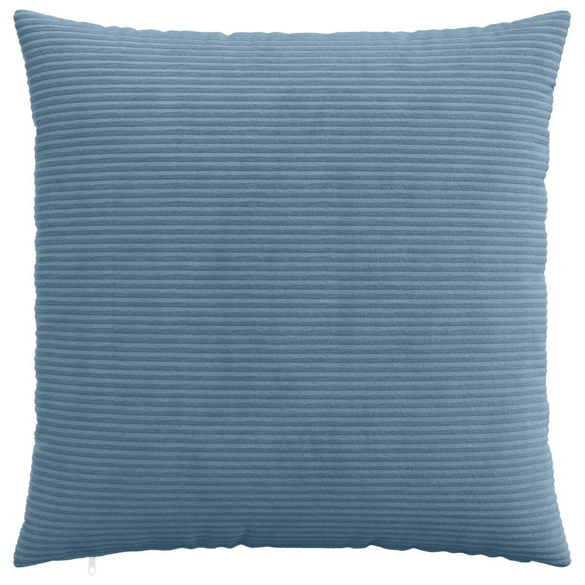 A single blue corduroy cushion cover, front view with a zip closure