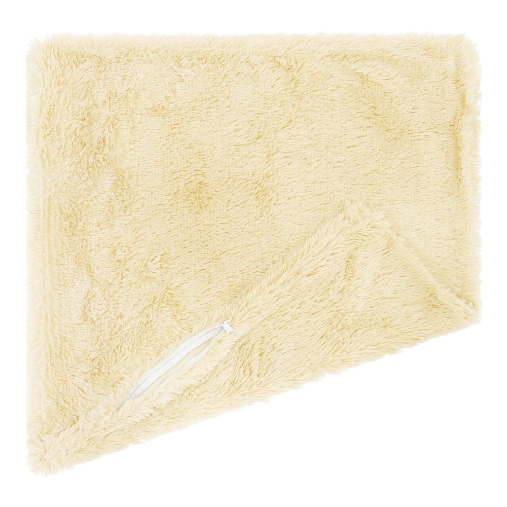A cream fluffy pillow cover showing the zip opening