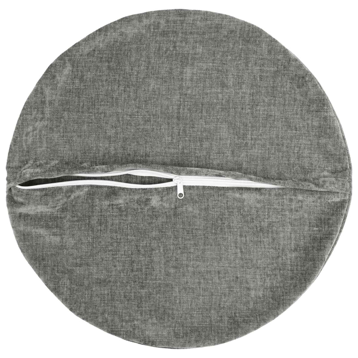 the back of a dark grey round cushion cover with a zip