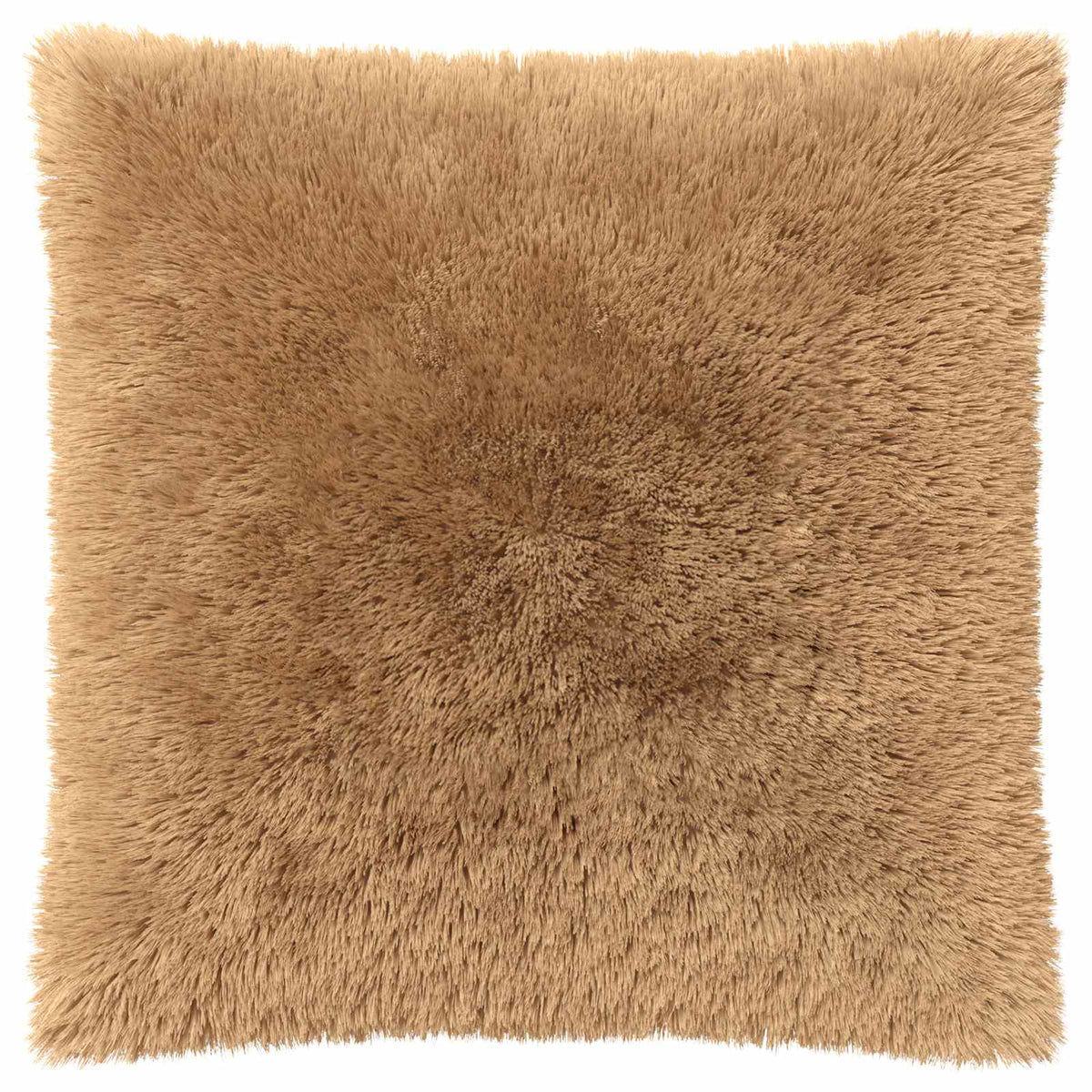 the taupe square cushion cover with a shaggy fleece texture viewed from the front