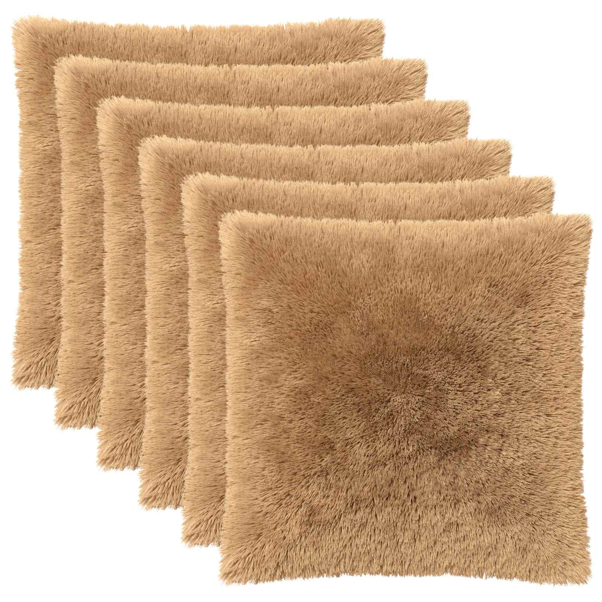the pillowcases stacked together to show the set of six taupe fluffy covers
