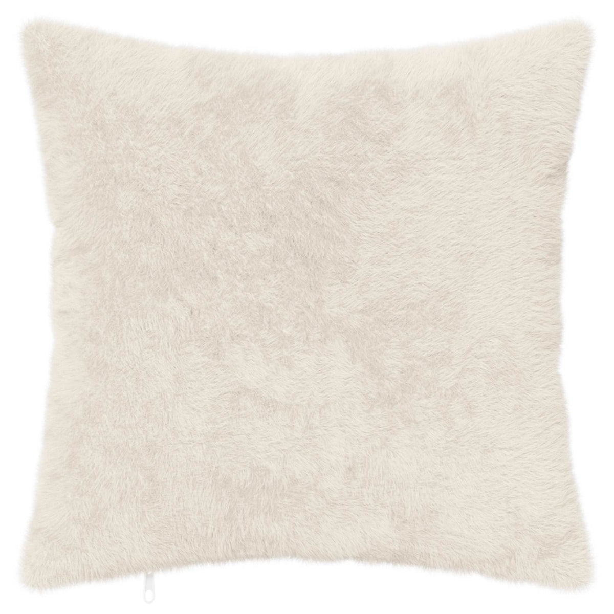 A single white faux rabbit fur cushion cover front view