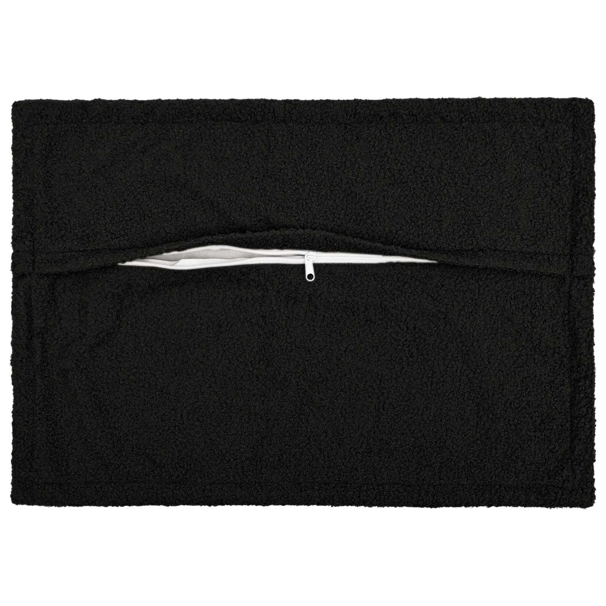 The back of a black bouclé pillowcase showing a zipper closure