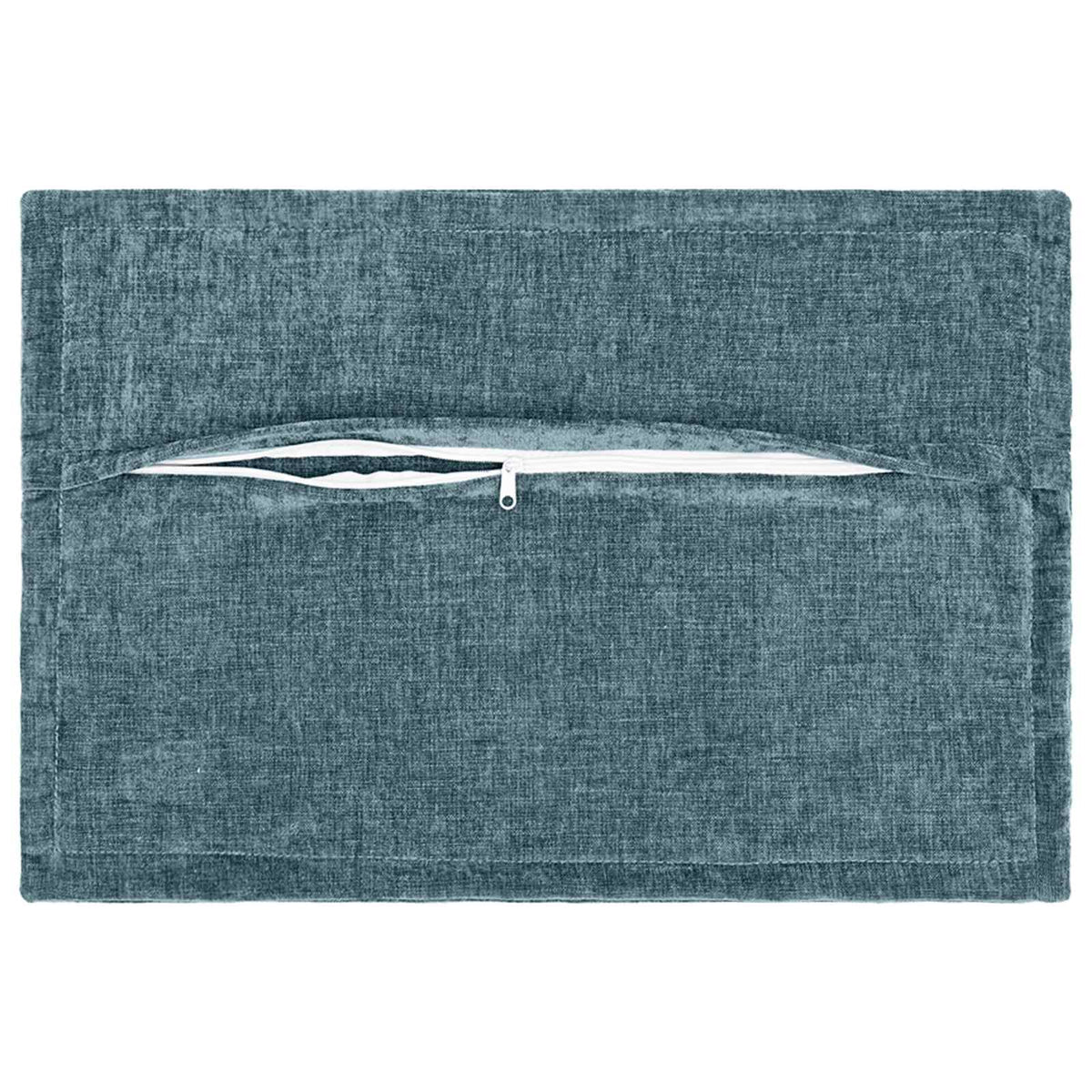 The reverse side of the blue cushion cover featuring a central zip closure