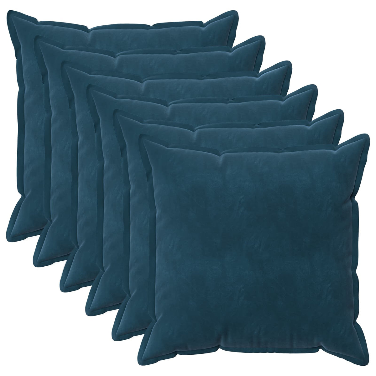 Six blue velvet cushion covers arranged in a fanned formation