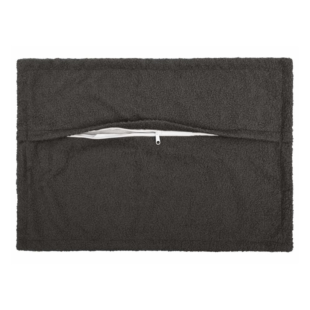 The dark grey bouclé pillowcase shows its zip closure on the back