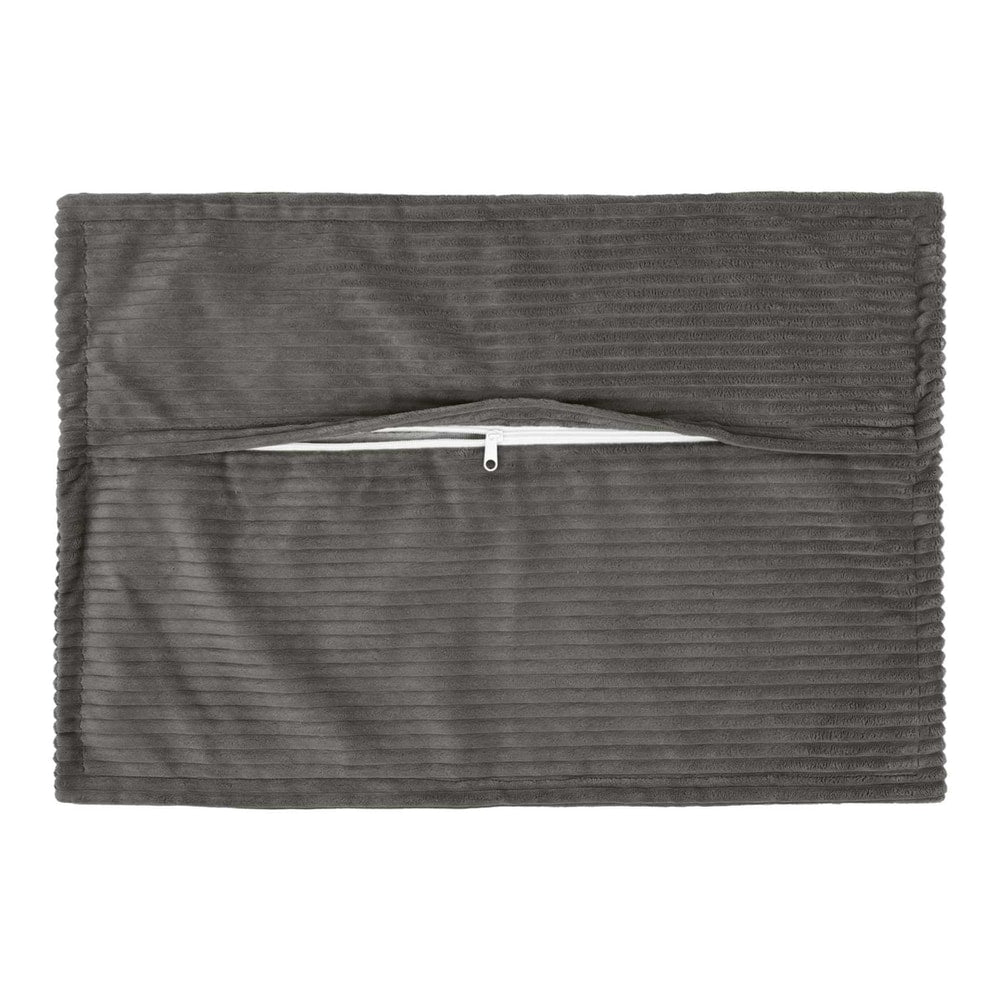 The back of a dark grey corduroy cushion cover with a zip opening