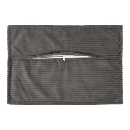 The back of a dark grey corduroy cushion cover with a zip opening