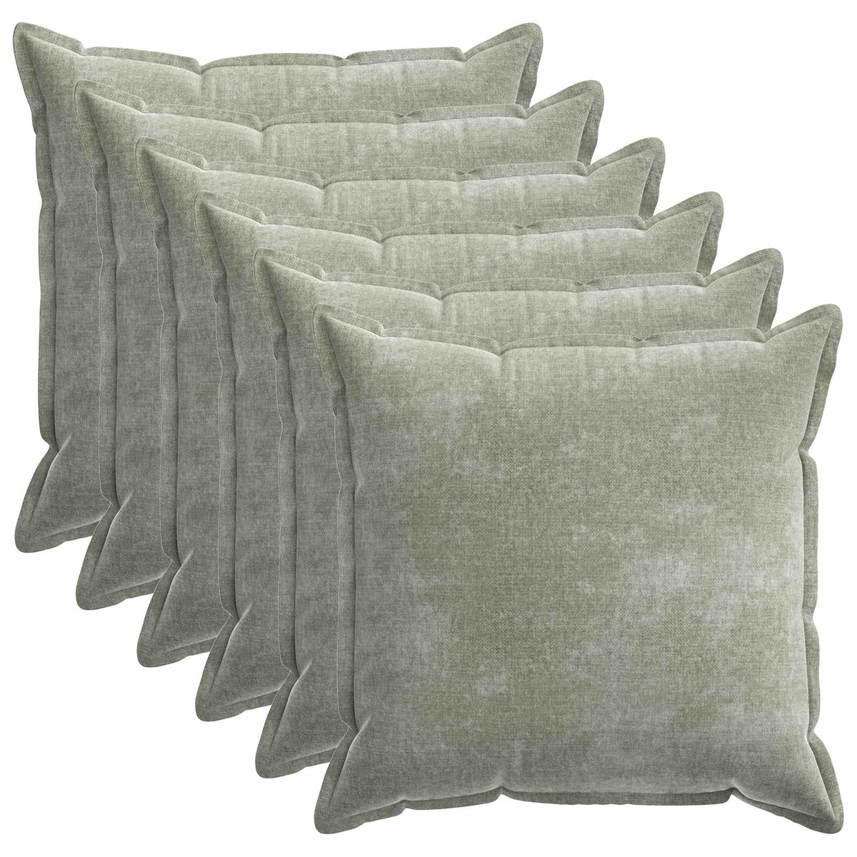 six green chenille cushion covers arranged in a fan shape