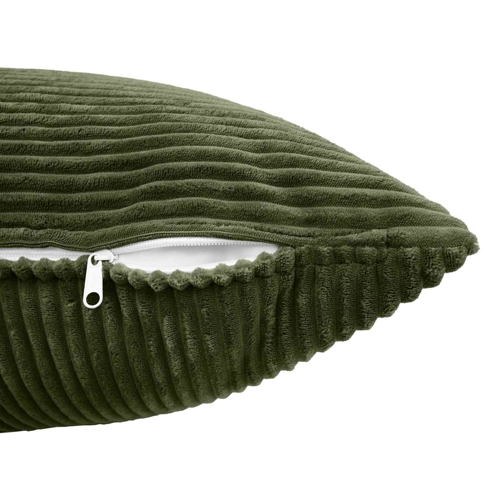Close-up of the zipper on the green corduroy pillowcase