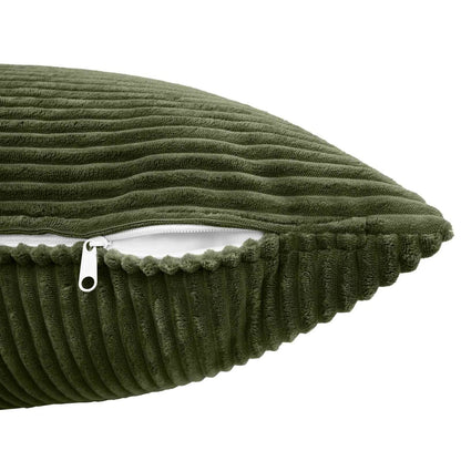 Close-up of the zipper on the green corduroy pillowcase